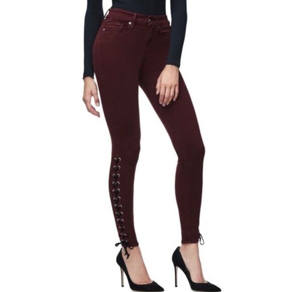 NWOT GOOD AMERICAN Burgundy Good Legs Lace Up Jeans Women’s Size 10/30‎ - Picture 1 of 10